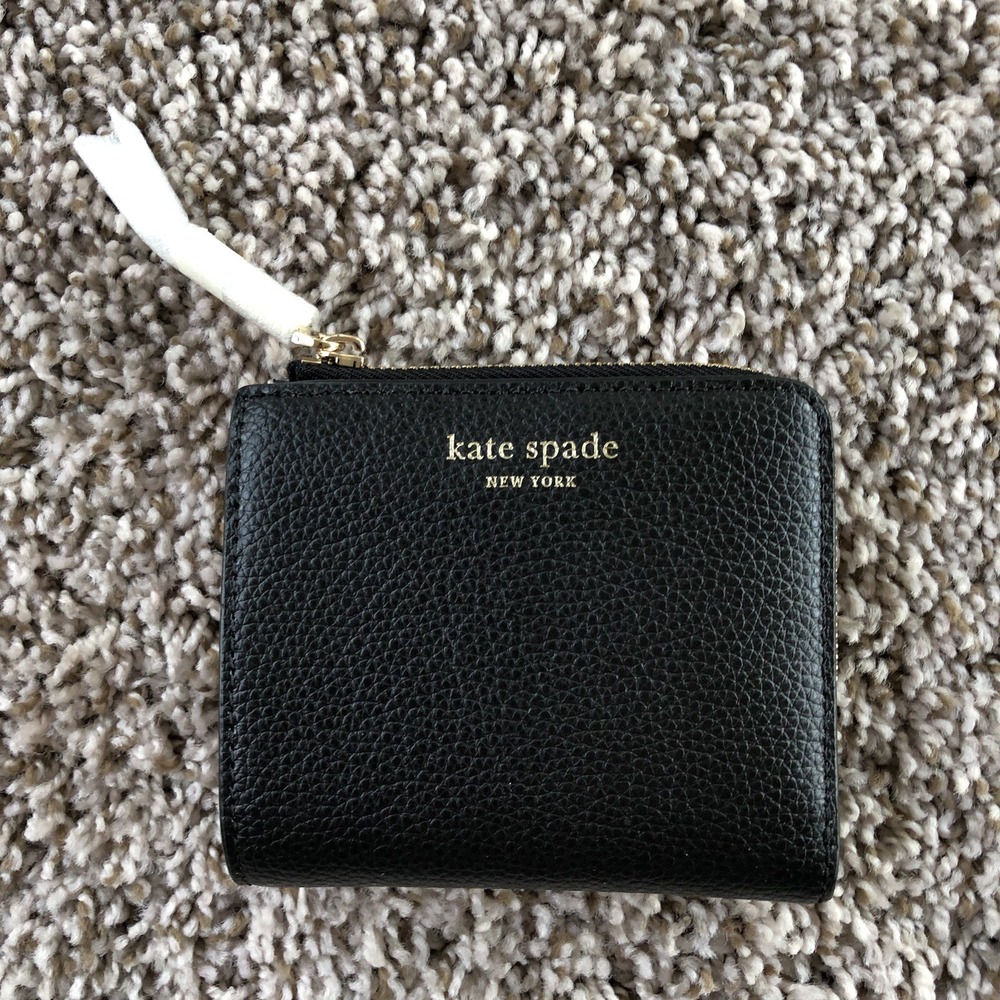 Kate Spade Small L-Zip Bifold Wallet in Black Leather Outside / Tan Inside NEW